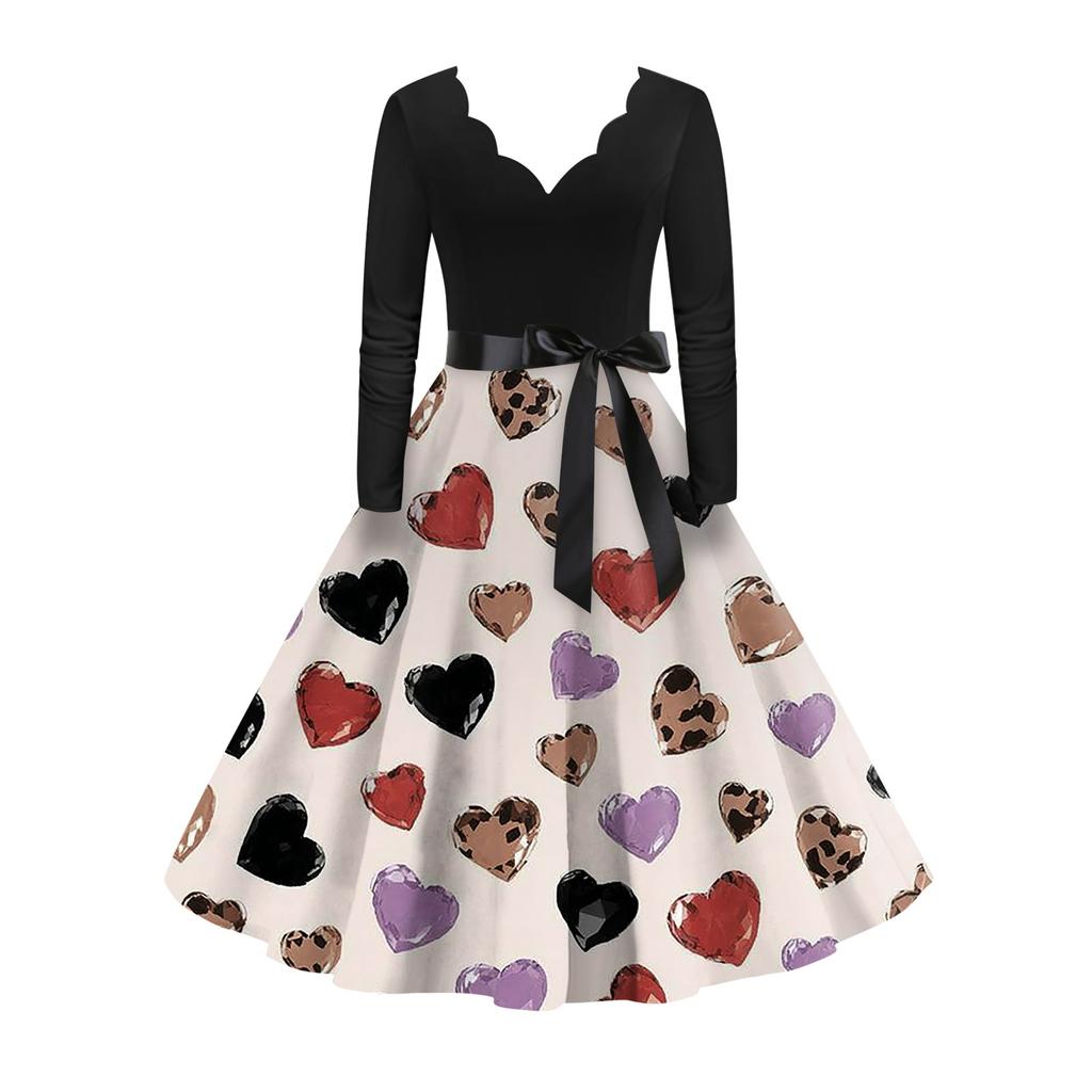 Damska stylowa i elegancka sukienka z długim rękawem, dekoltem w serek w kształcie serca na Walentynki