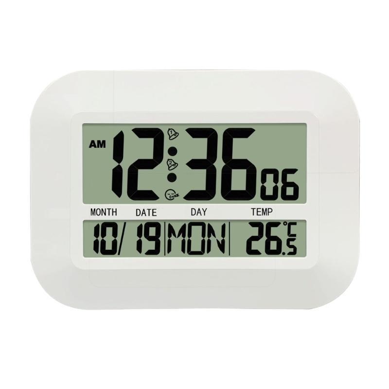 

Large LED Display Modern Clock Wall Mount Features Room Temperature Multilingual Calendar Alarm Snooze Wall Hanging белый