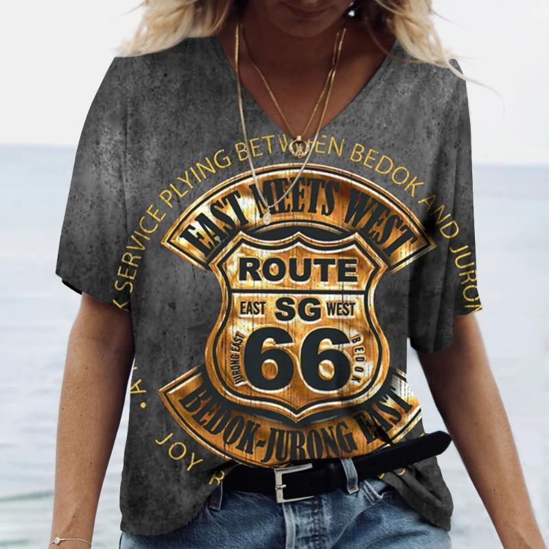 Print Women's V-Neck T-shirts Casual Lady Short Sleeve Oversized Pullover Fashion Tops Women Clothes