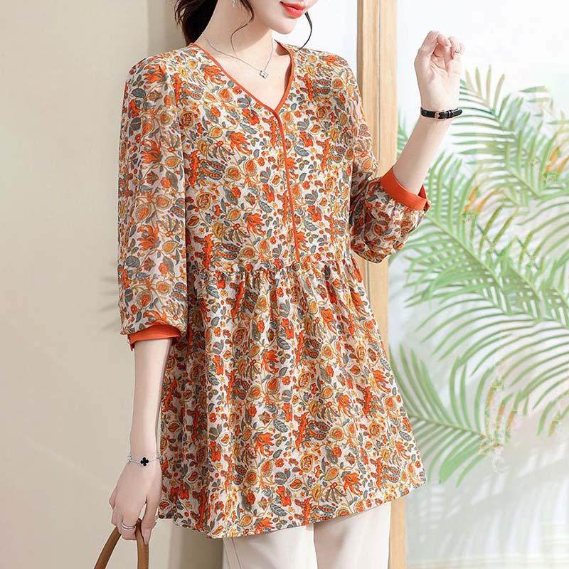 Plus Size Women's T-shirt Autumn and Winter  Ing Shirt Floral Shirt Loose Comfortable Casual V-Neck Tops