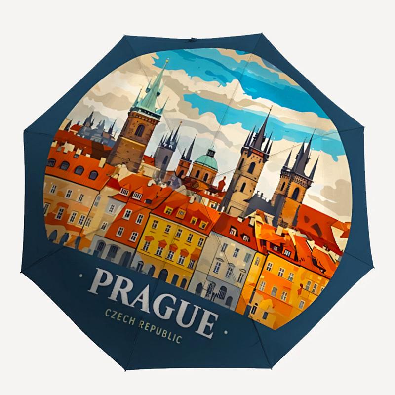 

1pc PragueCzech Republic Automatic Folding Umbrella Portable Collapsible Umbrella for All Seasons, 8-Rib Durable Construction, Perfect Gif