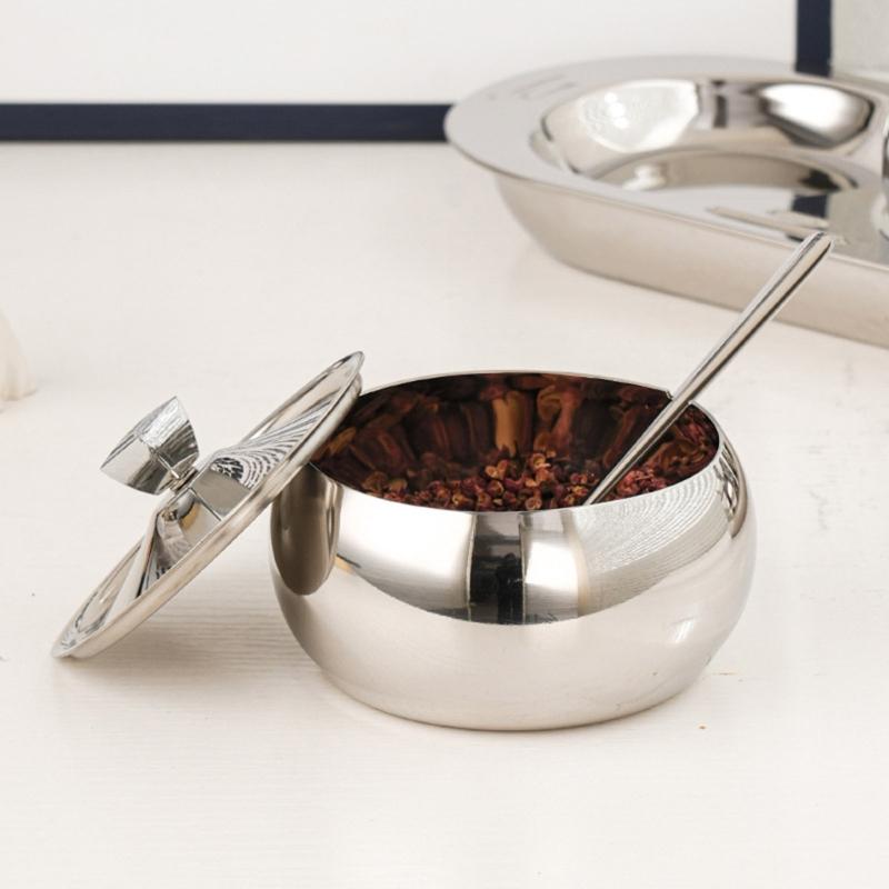 Durable 304 Stainless Steel Condiment Container Set With Lid And Spoons Spices Storage Solution For Home Use