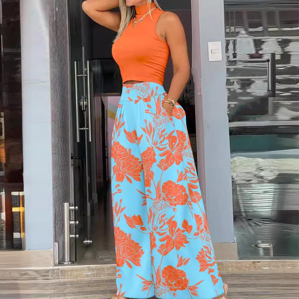 Summer Clothes Women Print Two-piece Set Smooth Sleeveless T-shirt, Wide Leg Pants Fashion Clothing