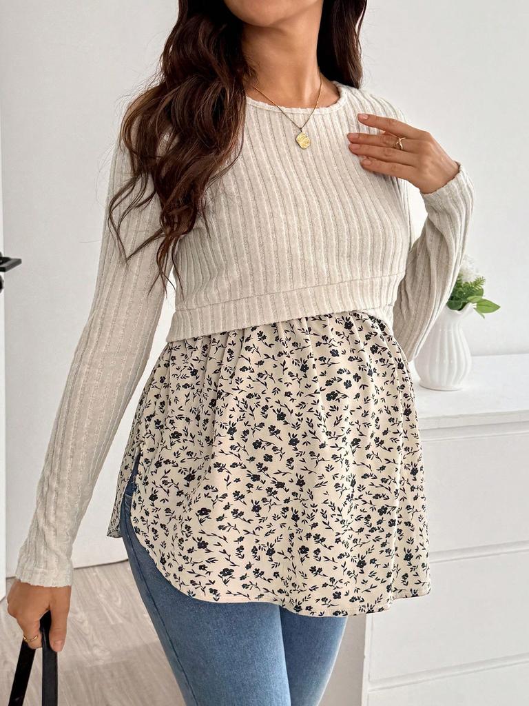 Pregnant Women's Top Knitted with Patchwork Printing for Breastfeeding and Casual Maternity Pullover