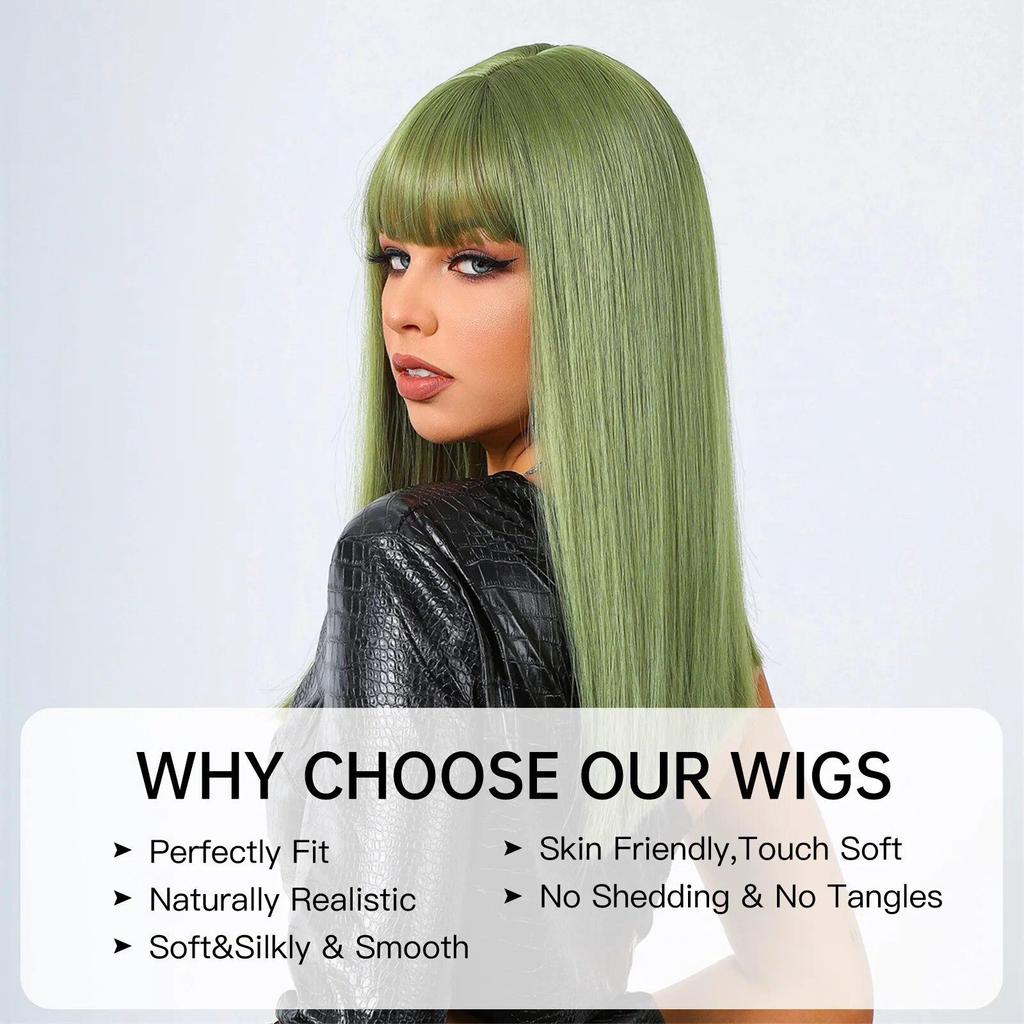 Green Synthetic Cosplay Wig with Bangs Medium Length Straight Wigs for Women Halloween Party Natural Hair Wig Heat Resistant