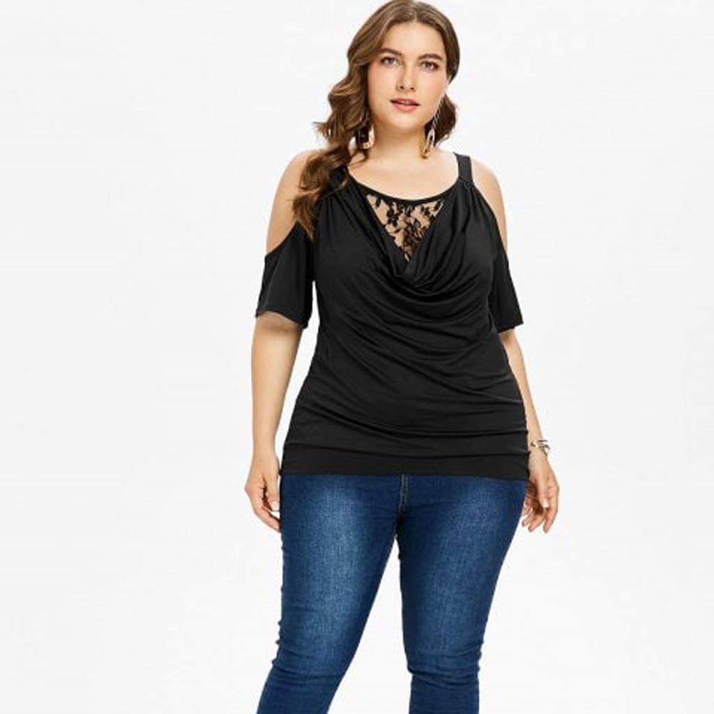 Fashion Womens Plus Size Lace Solid Cold Shoulder Cowl Neck T-shirt Tops Blouse