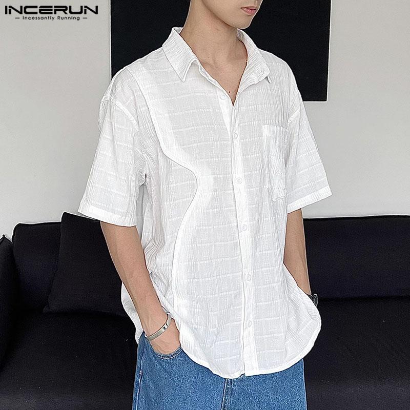 INCERUN Men Turn Down Collar Texture Shirts Plus Size Loose Tops