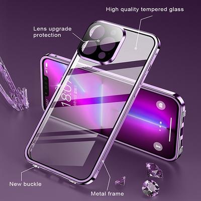 Funda de Vidrio HD de Doble Cara con Marco de Metal para iPhone16e 17 15 14 13 12 11Pro Max Protector Antigolpes con Cierre de Seguridad Protección para Lente de Cámara