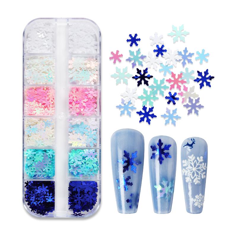Jul Hvite Snøfnugg Neglekunst Glitter Paljett Havfrue Blå Snøfnugg Dekorasjoner DIY Manikyr Design Negletilbehør