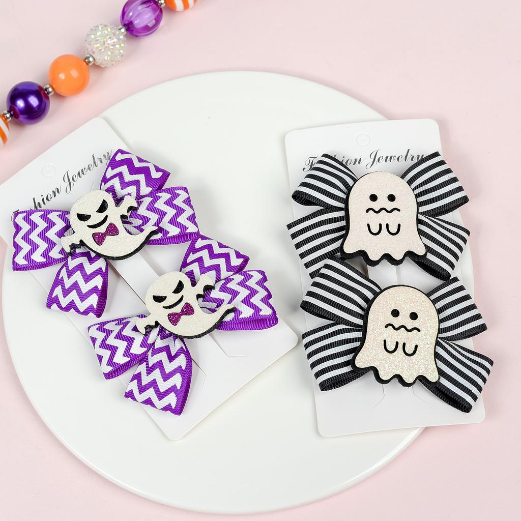 2PCS/Set Children's Hair Clip Girl Halloween Pumpkin Head Witch Hat Ghost Candy Bat Party Bow Duckbill Clip Hair Clip