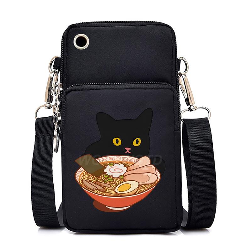 Eating Noodles Kitten Printed Messenger Bag Vertical Change Bag Multi-Function Mobile Phone Bag