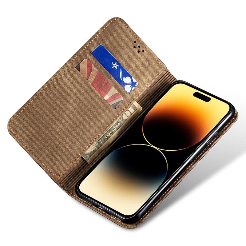 For iPhone 16 Case Jeans Cloth Texture Anti-Scratch Leather Stand Phone Cover