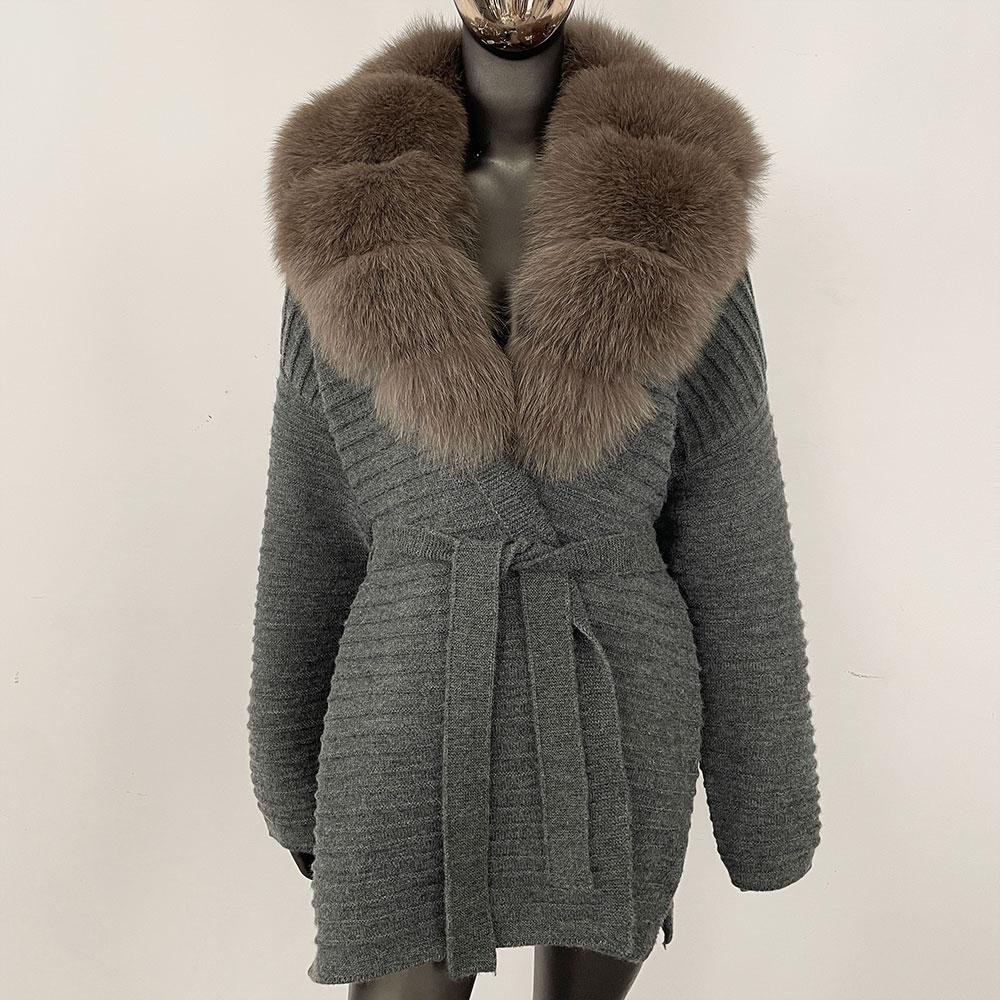 OFTBUY Herbst Damen Weich Lang Echter Fuchs Pelz Warm Gestrickter Mantel Gürtel Umlegekragen Oberbekleidung Lässige Pullover Jacke Locker Dame Elegant Lang