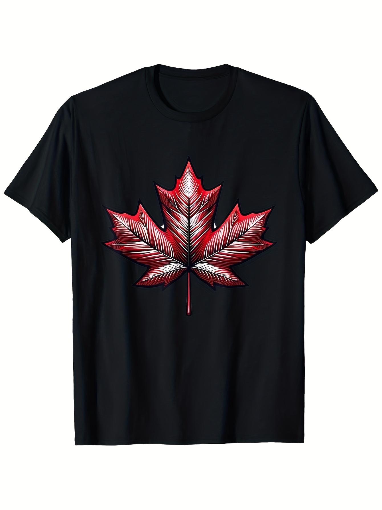 Canadian Pride Maple Leaf T-shirt - 100% Cotton Casual Short Sleeve Tee with Bold Red Maple Leaf Print on Black XL