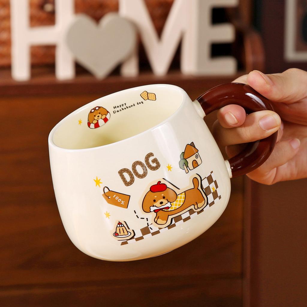 Dackel Keramik Wasserbecher Süße Tasse mit Deckel und Löffel Kreativer Jungenstil Kinder Frühstückstasse Große Kapazität