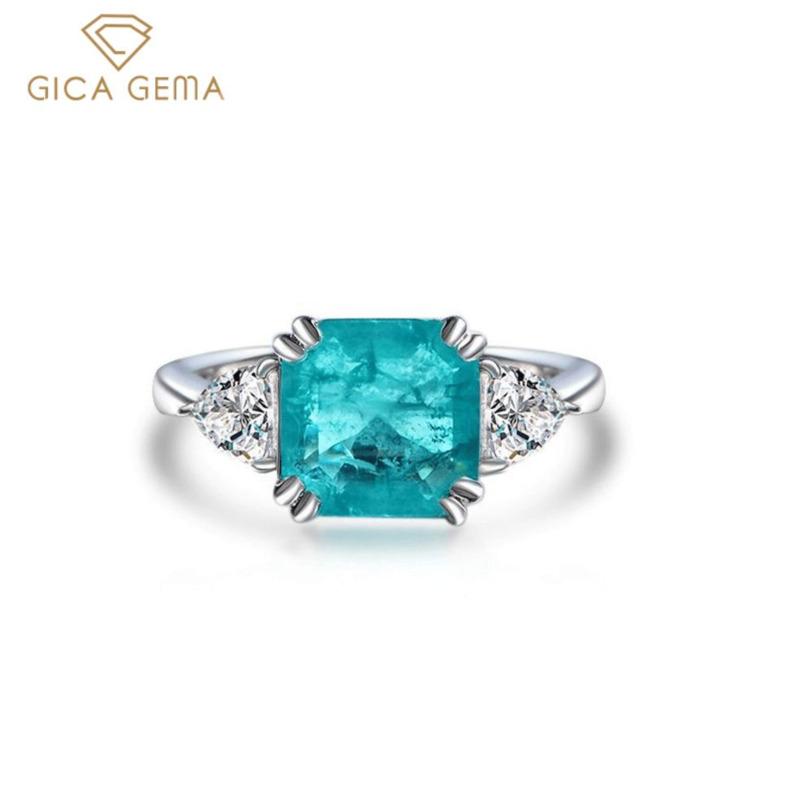 Gica Gema 925 Sterling Silver 10*10mm Paraiba Tourmaline Rings For Women Sparkling High Carbon Diamond Party Fine Jewelry Gifts