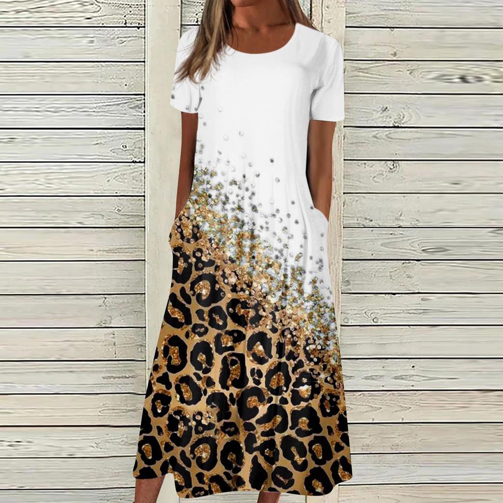 Women's Summer Casual Fashion Printed Short Sleeve Round Neck Pocket Dress