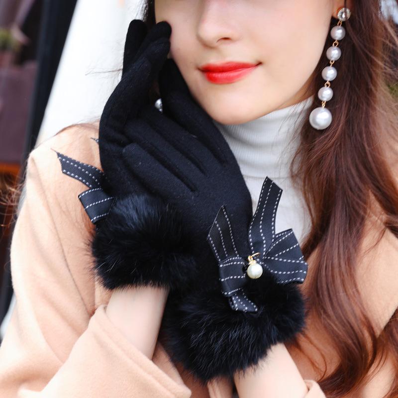 Women Winter Wool Warm Gloves Add Cashmere Thicken Bow Pearl Decoration Touch Screen Female Gloves Elegant Plush Gloves