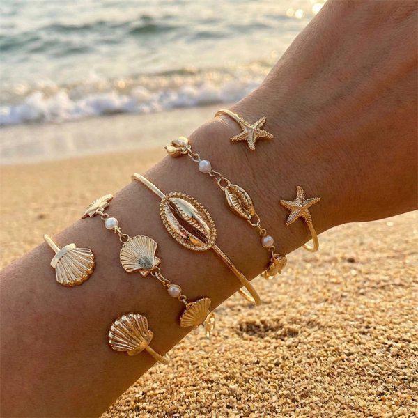 Bohemian Gold Starfish & Pearl Beaded Bracelet Set