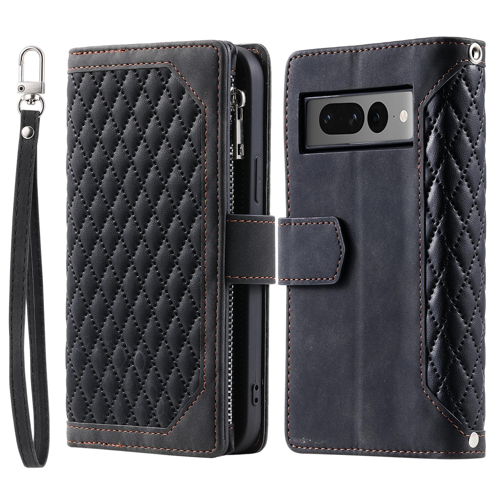 

For Google Pixel 9 Pro XL Cell Phone Case Wallet Stand Cover with Rhombus Texture Black