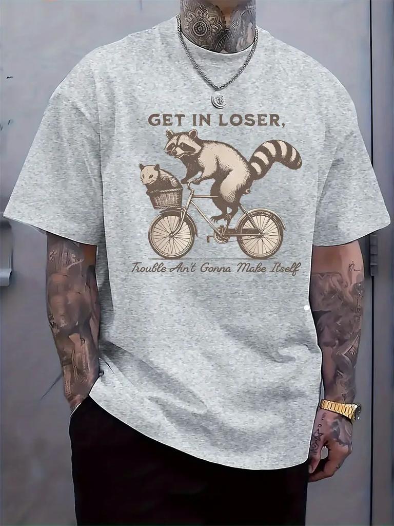Casual Crew Neck T-shirt with Raccoon Bicycle Print - "Get in Loser