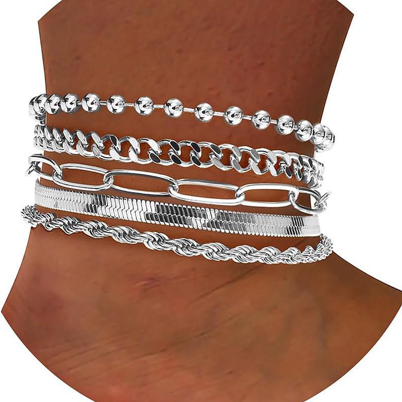 European & American Retro Cuban Link Anklet Set - 5 Pieces