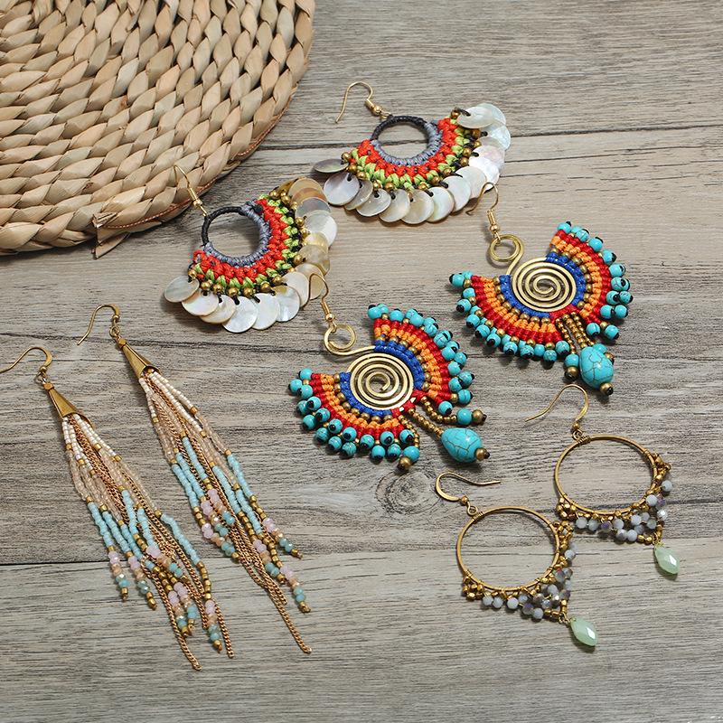 

Bohemian Ethnic Dangle Earrings - Women s Hand-Woven Vintage Holiday Long Earrings