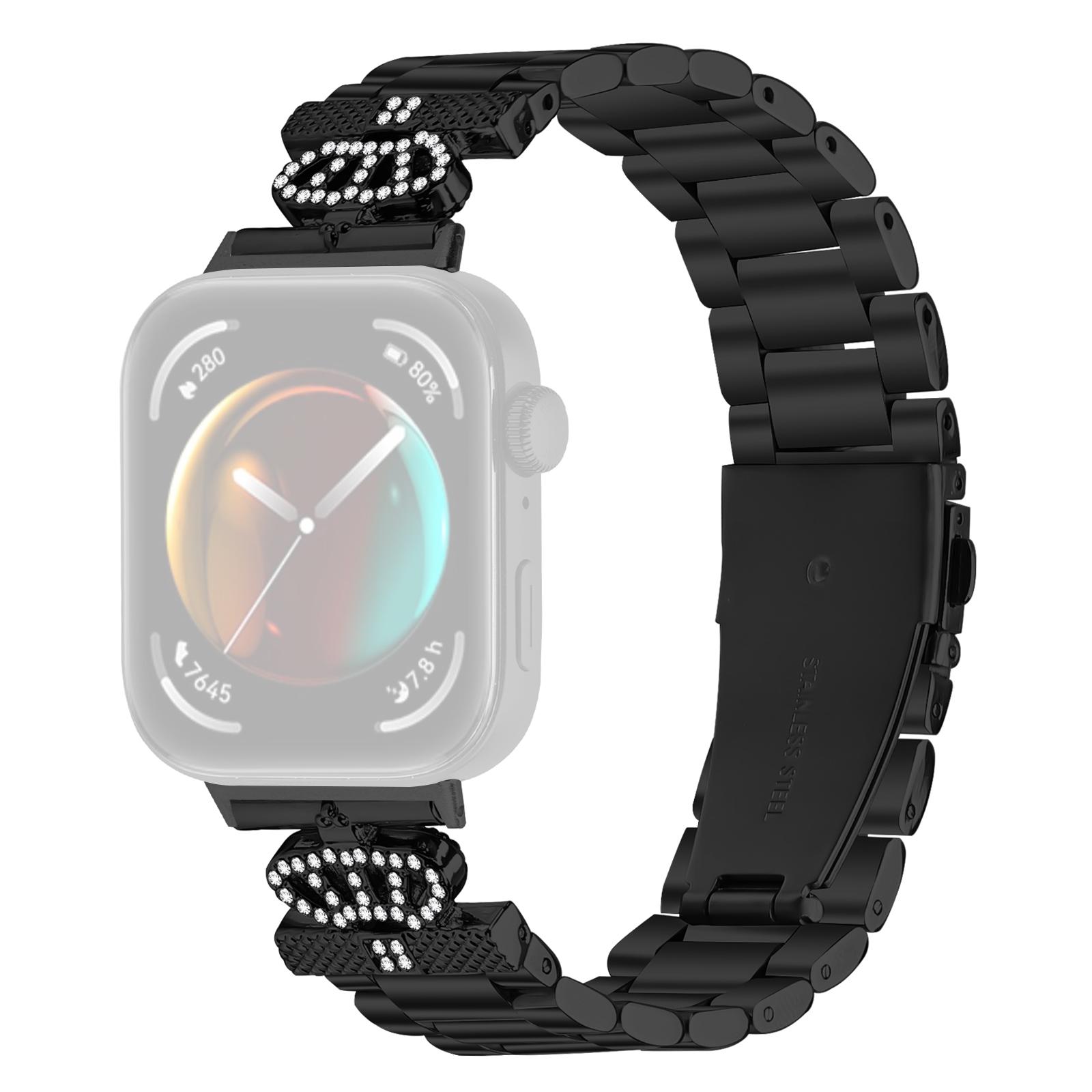 

For Huawei Watch Fit 3 Stainless Steel Strap Crown Shape Rhinestone Decor Watch Band A