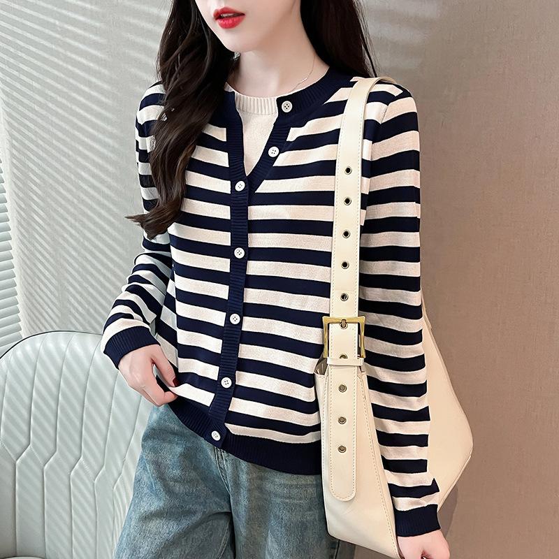 

Осень Новинка Поддельный Двойка V-образный вырез Полосатый свитер Женский Универсальный Пуловер с длинным рукавом Базовая рубашка XL синий