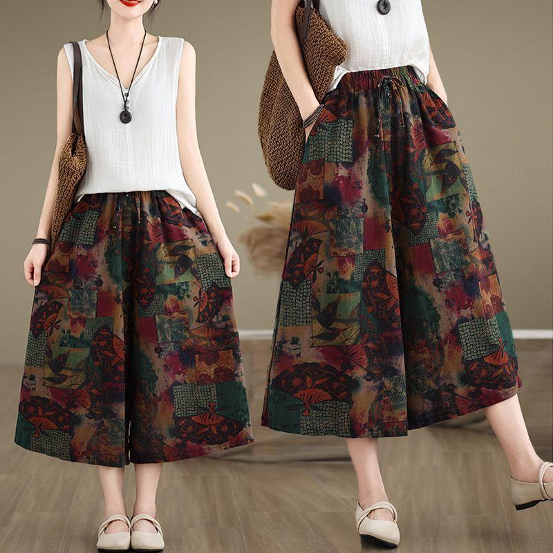 Ethnic Style Ice Silk Floral Wide Leg Pants Summer Loose Casual Seven Quarter Straight Leg Pants