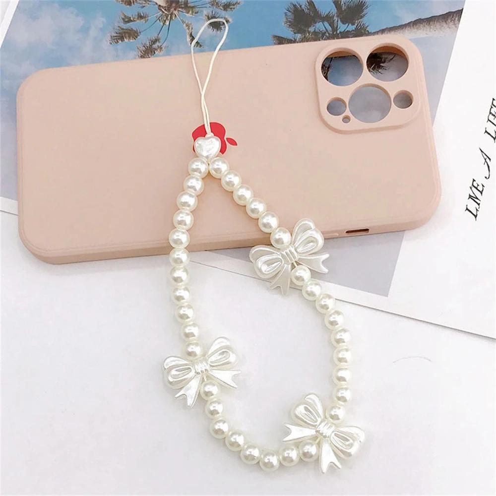 Korea Cute White Bow Heart Pearl Phone Chain for Women Girls Telephone Beaded Lanyard Anti-Lost Accessories Car Jewelry Gift