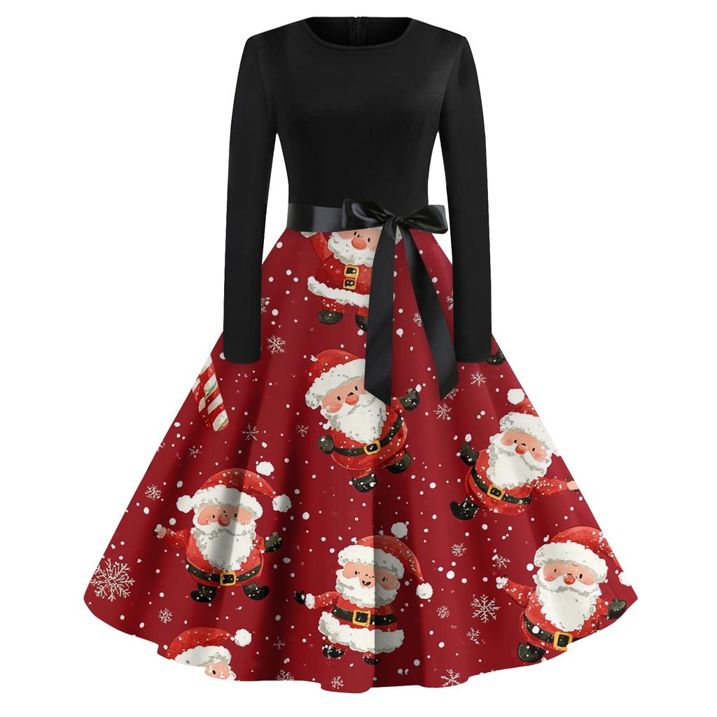 Robes de soirée imprimées de Noël à manches longues et col rond pour femmes
