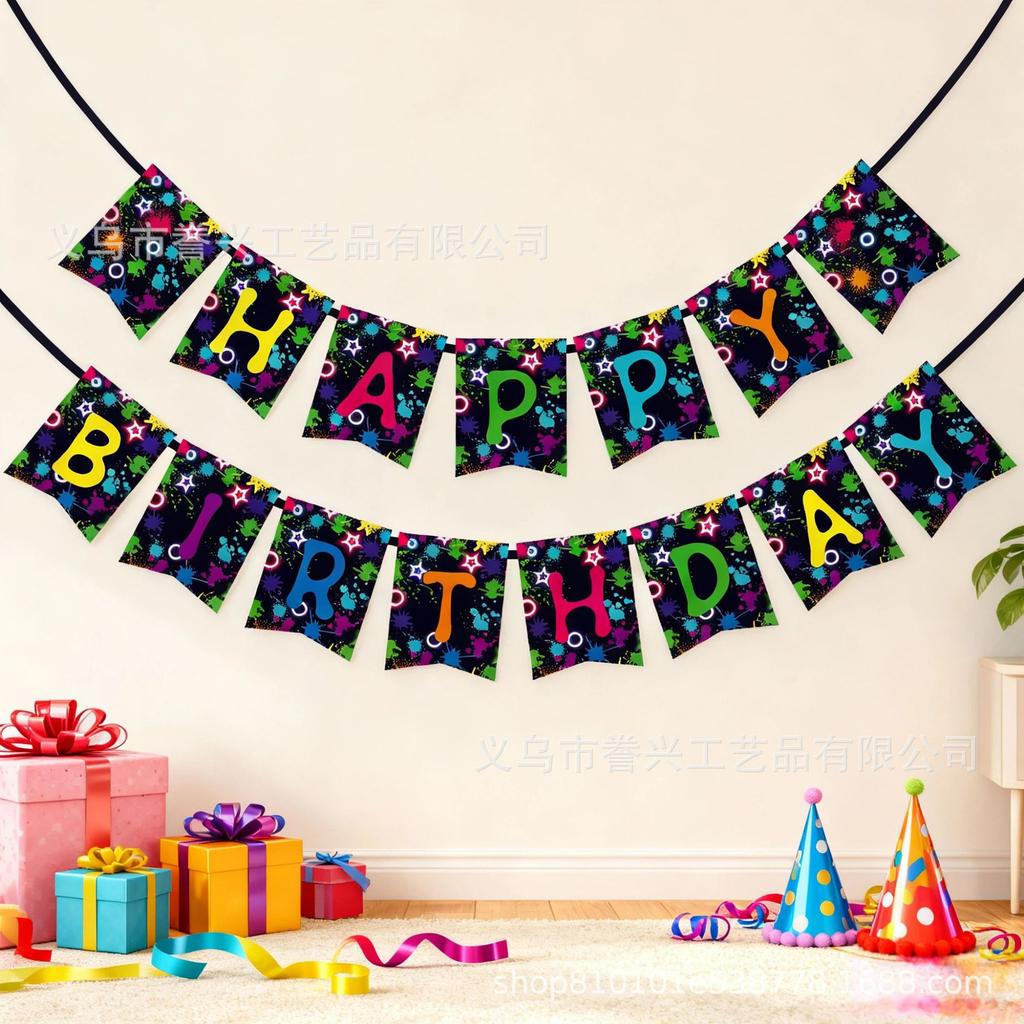 Happy Birthday Theme Party Flag Music Neon Star Festival Decoration Flag Party Decoration Banner