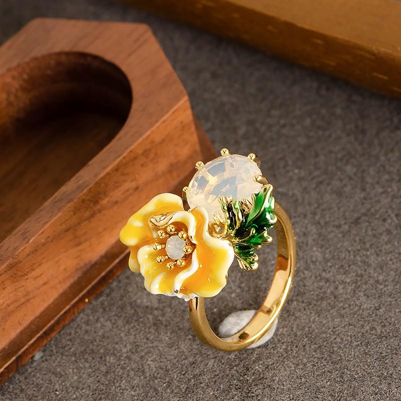 Adjustable Open Ring Women With Enamel Flower Design Zircon Accents Fashion OL Style Copper Jewelry
