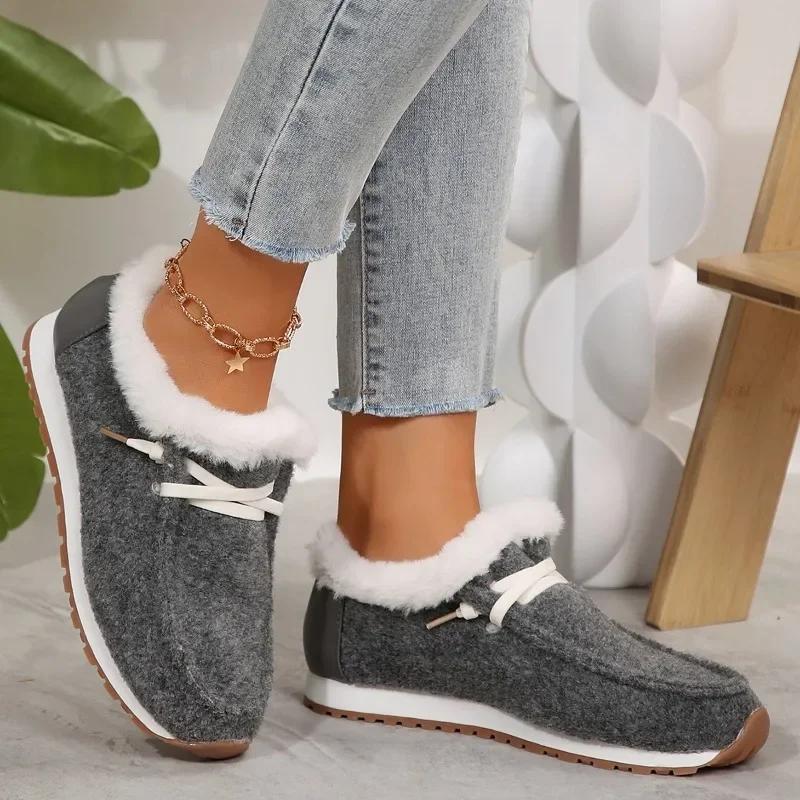 Fashion 2024 Hot Sale Shoes Female Lace Up Women's Flats Winter Round Toe Plush Fleece for Warmth Flat Casual Comfortable Snow Boots