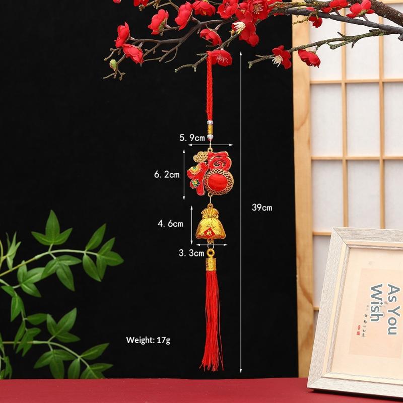 Lunar New Year Lucky Hanging Ornament with Red Tassel Golden Charm Festive Portable Decor for Travel Hotel Room Spring Festival