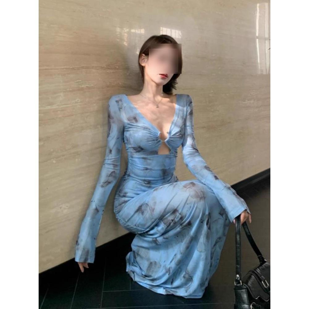 Spring temperament V-neck blue printed long-sleeved celebrity sexy dress casual design show figure fishtail dress