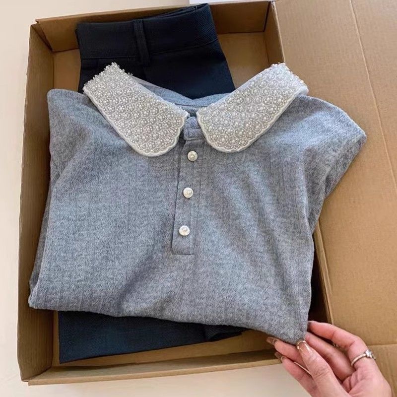 Tricou elegant cu mânecă scurtă și guler polo cu mărgele pentru femei, bluză elegantă de vară