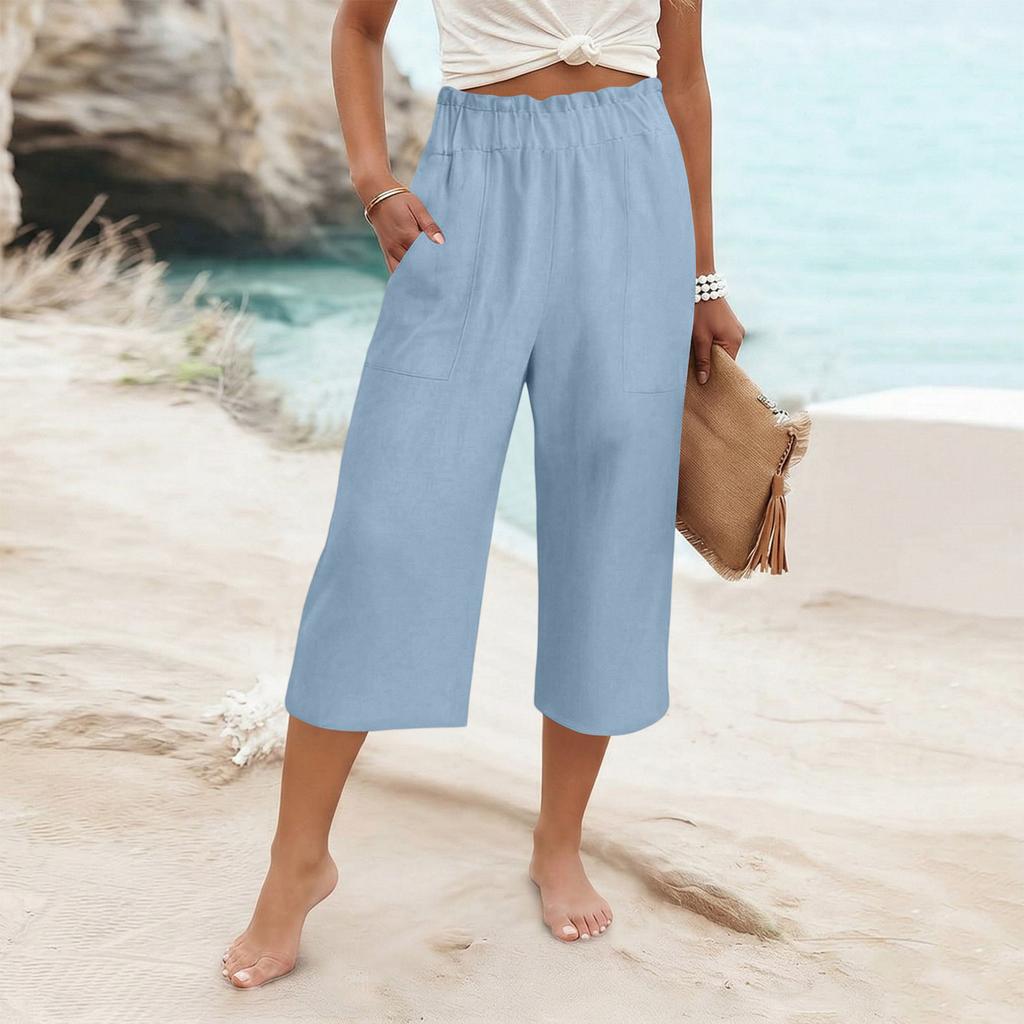 Womens Baggy Cotton Linen Pants Elastic Waist Casual Loose  Summer Beach Vacation  Pants