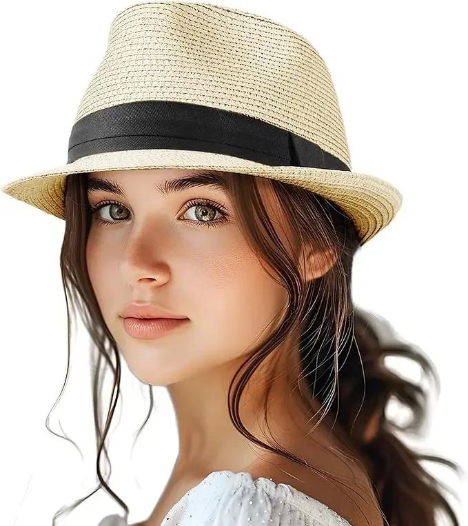 

Straw Fedora Hat for Women Men Packable Short Brim Roll Up Trilby Hat Panama Summer Beach Sun Hat UPF 50+ 56-56CM світло-жовтого кольору