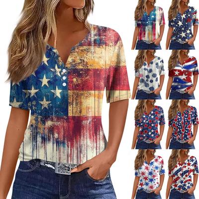Damska koszulka T-shirt z nadrukiem Przycisk z krótkim rękawem Codzienny weekend Moda Podstawowy Dekolt w kształcie litery V Regularny top