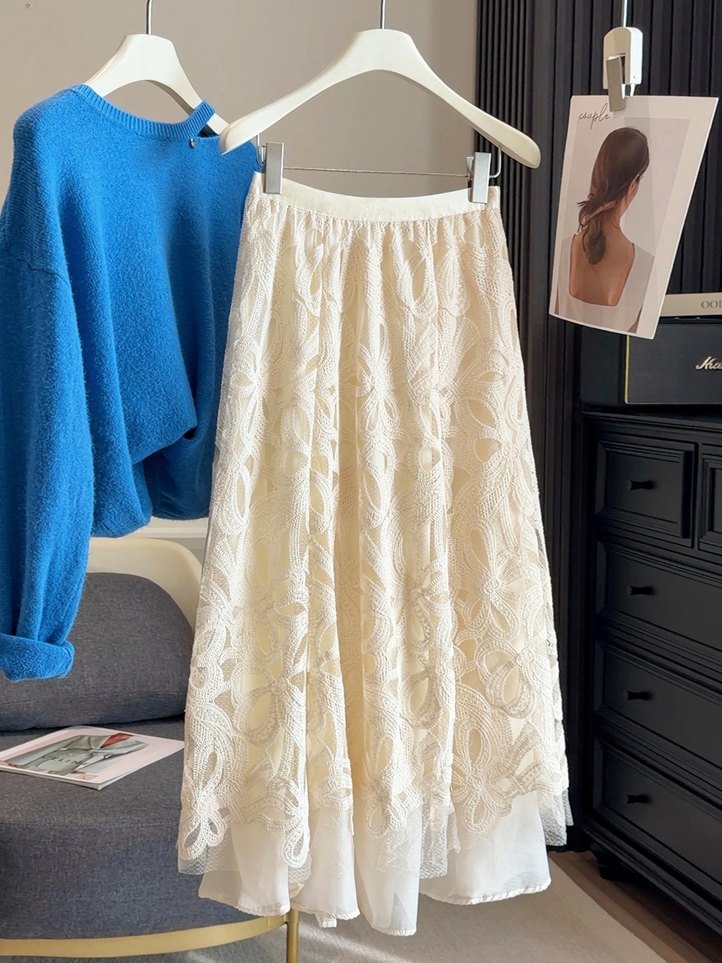 Women s Elastic Waist Midi Skirt A Line Floral Embroidery Lace Layered Skirt SIZE