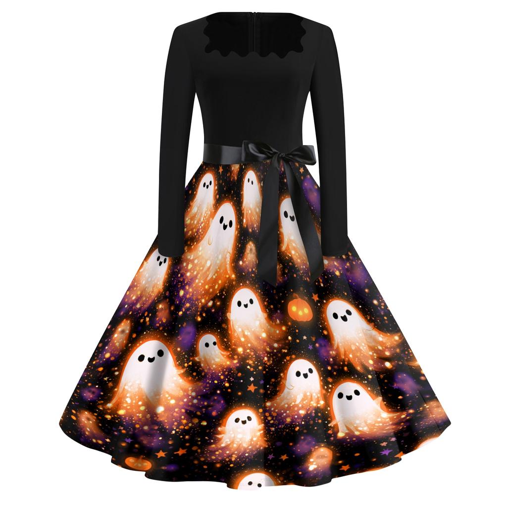 Women's Casual Vintage Dress with Halloween Print Square Neck for Daily Wear