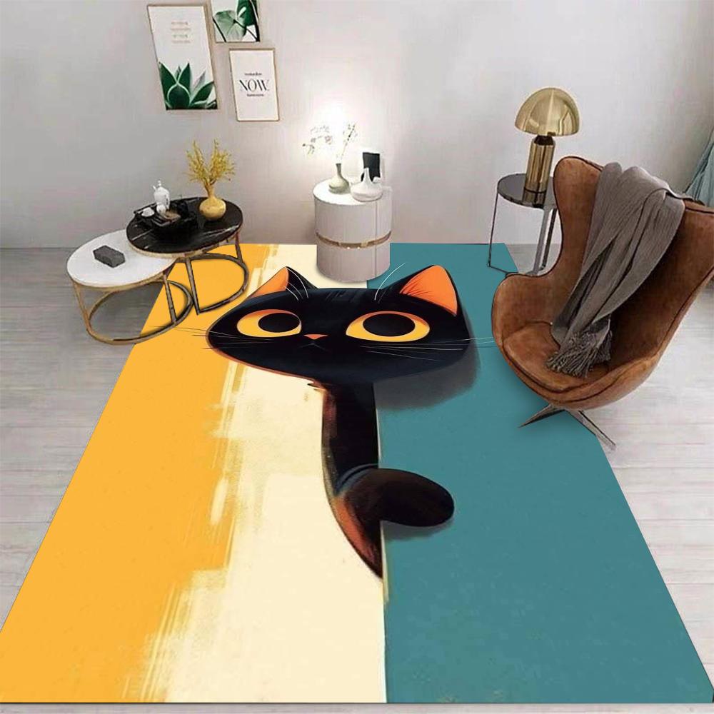 Cartoon Cat Drinking Coffee Carpet for Living Room Bedroom Bedside Floor Mat Cloakroom Kids Activity Area Rugs Large Size