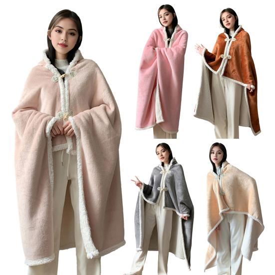 Cape Blanket Plush Hooded Cape with Button Fastening Double-Sided Warmth White Trim Blanket Cape Office Nap Comfort Throw Blanket