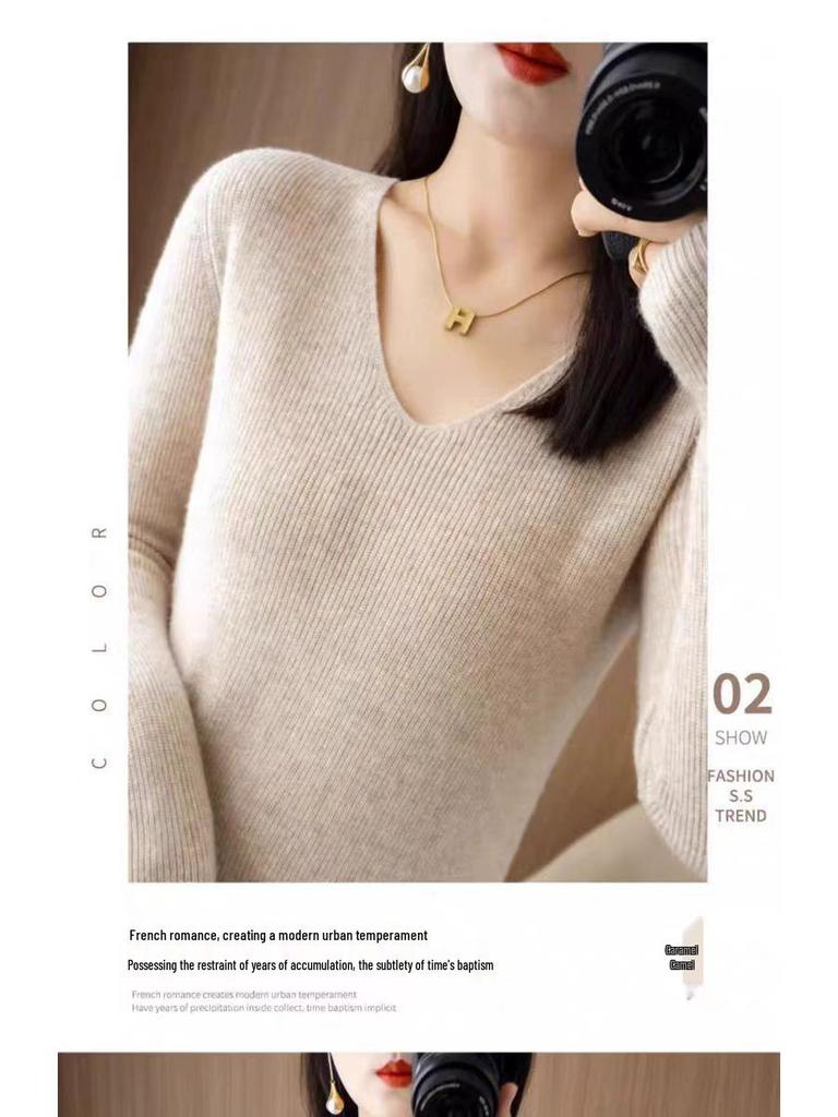 Hengyuanxiang Women's V-Neck Cashmere Sweater Dress - Mid-Length, Long Sleeve, Knitted