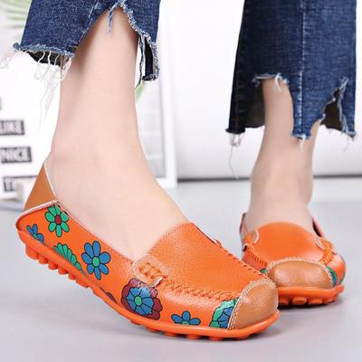 2024 Spring and Summer Women's Casual Flat Leather Mother Shoes Soft Surface Comfortable Printing Flat-heel Leather All-match Peas Shoes 35-44