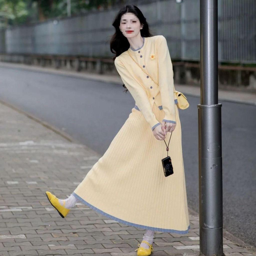 Women's Spring Knit Cardigan & Pleated Skirt Elegant Two-Piece Set