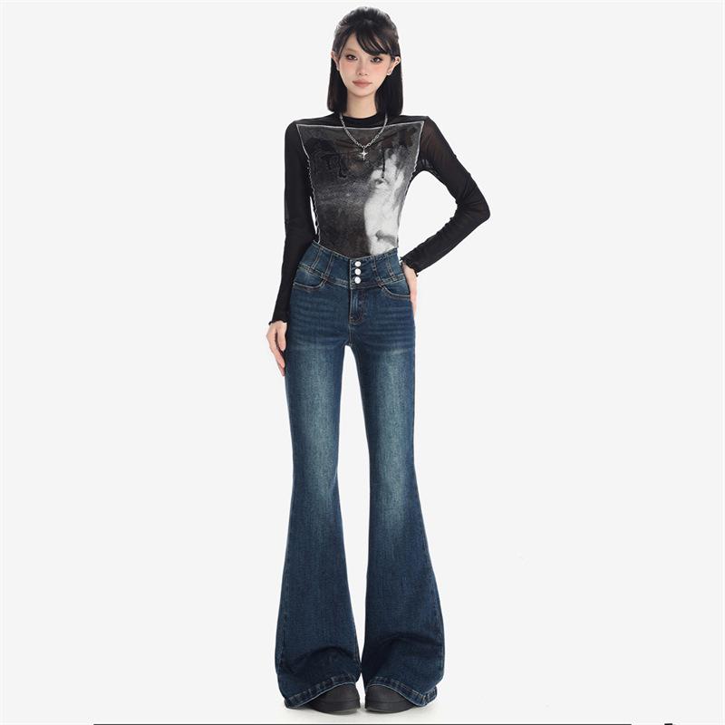 

Женские джинсы американского ретро с высокой посадкой, микроклеш - Утягивающие эластичные брюки-клеш, Осень 2024 XXL