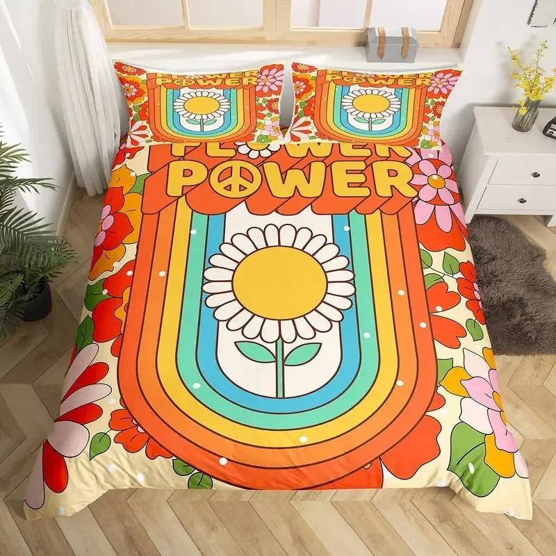 

Comforter Retro Hippie Heart Abstract Flower Bedding Set Microfiber Colorful Comforter Twin King Size For Girls Boys Comforter (quilt)-EU Single(135*200cm)3pcs
